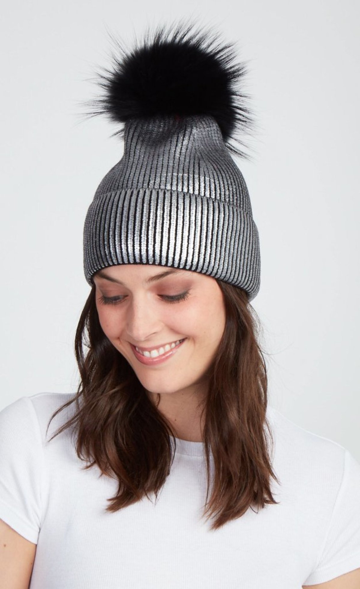 Jocelyn Fur Metallic Hat With Silver Fox Pom - Gunmetal 