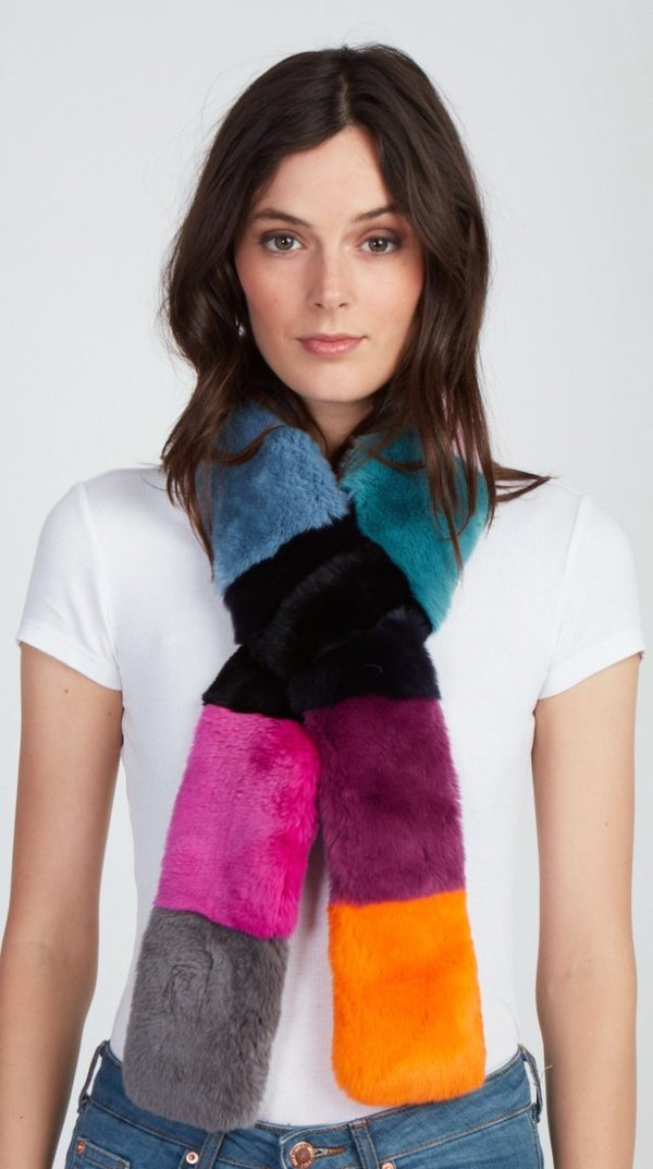 Jocelyn Fur Rex Rabbit Double Sided Pull Through Color Block Scarf - Multi Jocelyn Fur Rex Rabbit Double Sided Pull Through Color Block Scarf - Multi
