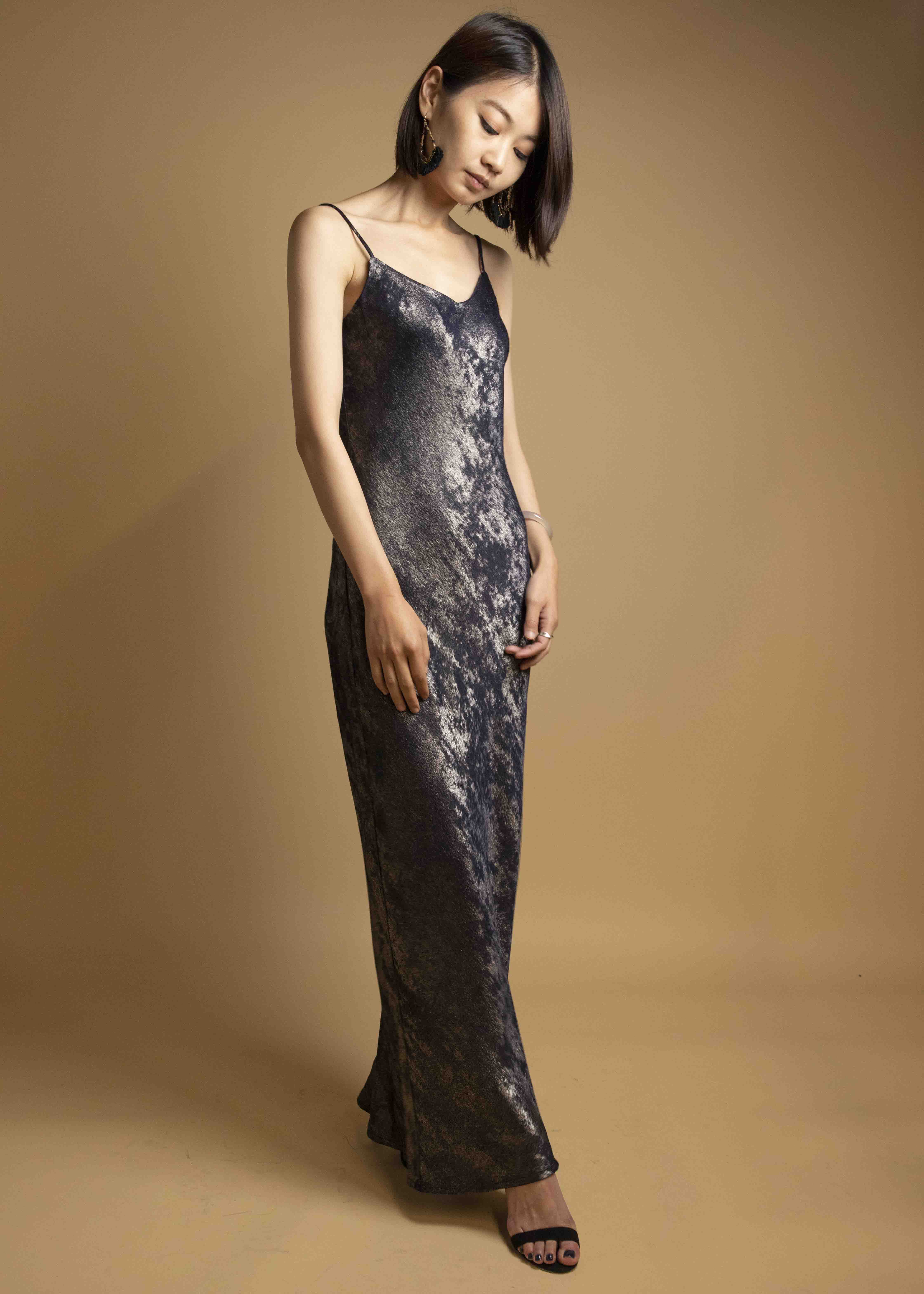CURRENT AIR Velvet Metallic Foil Bias Cut Spaghetti Strap Dress - NAVY  BRONZE | Garmentory