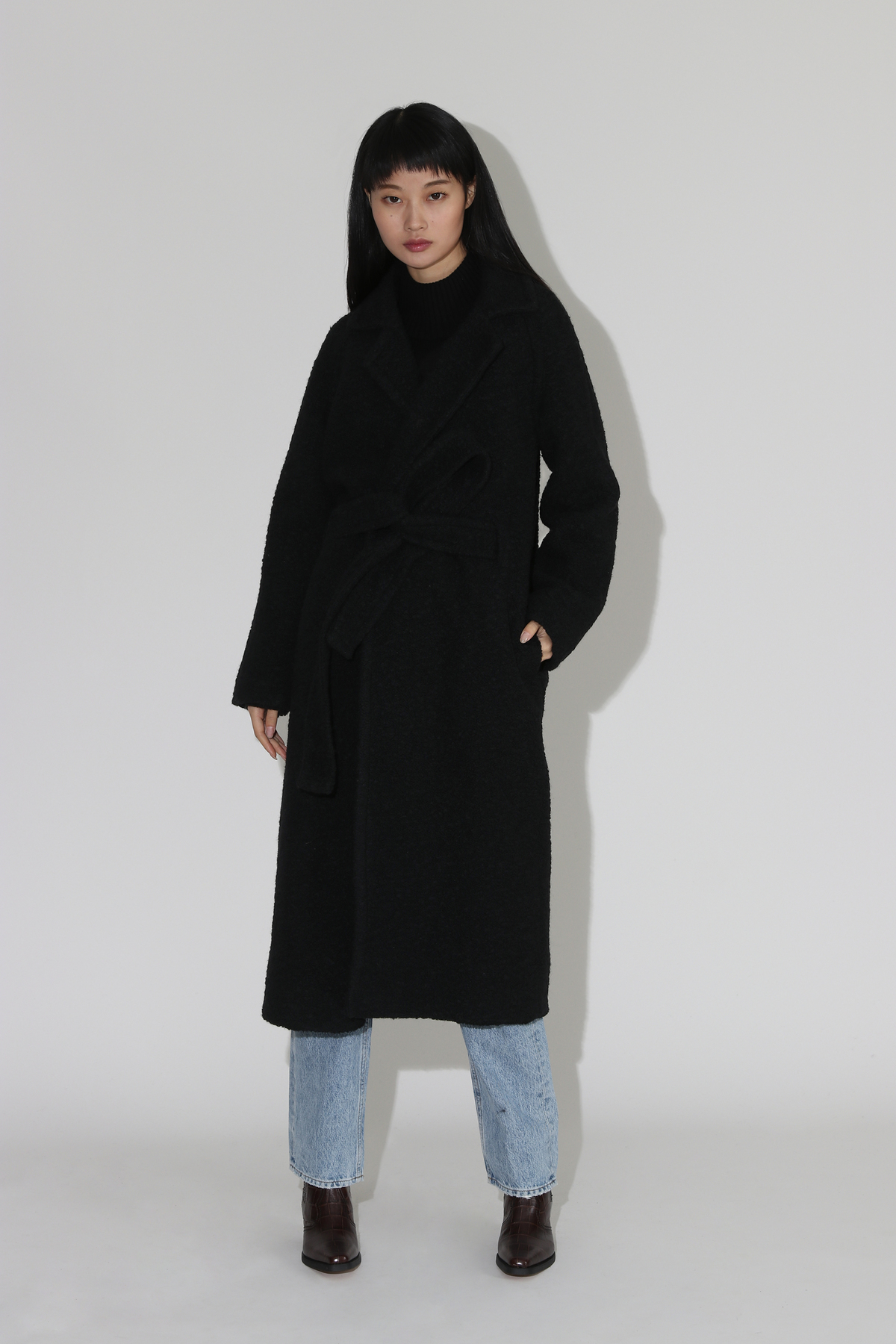 Ganni Boucle Wool Long Wrap Coat - Black | Garmentory
