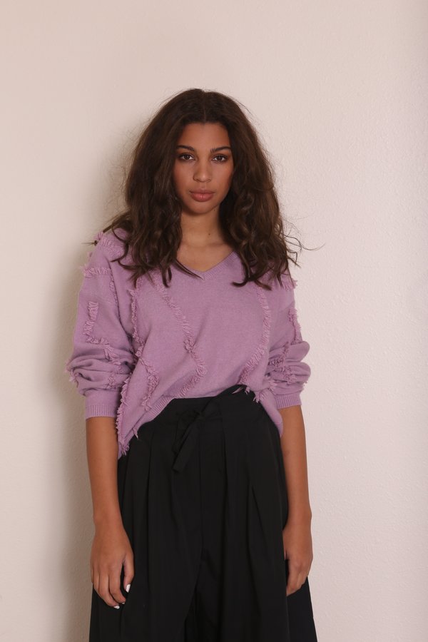 "INTENTIONALLY __________." SHAKE Fringe Sweater - Lilac "INTENTIONALLY __________." SHAKE Fringe Sweater - Lilac