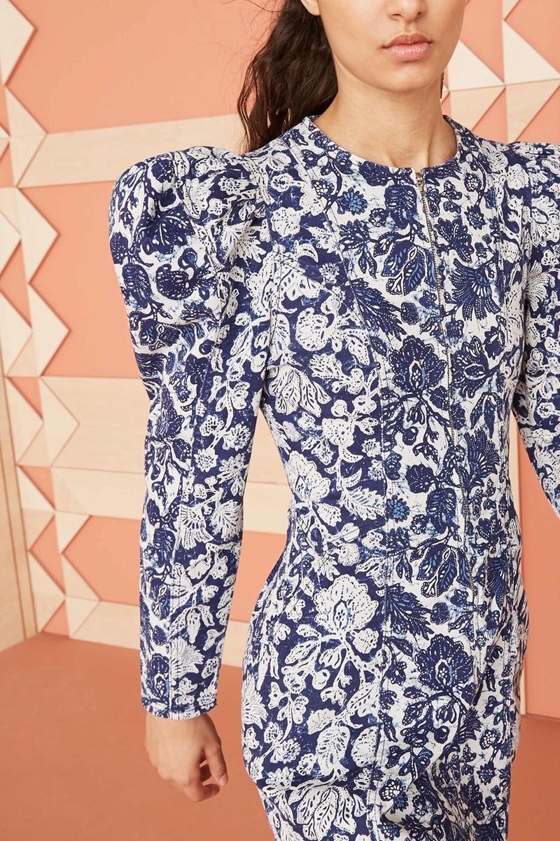 ulla johnson wren denim dress Ulla Johnson Wren Denim Dress Blue Off-White Print Puff Long Sleeve Mini  Size 0