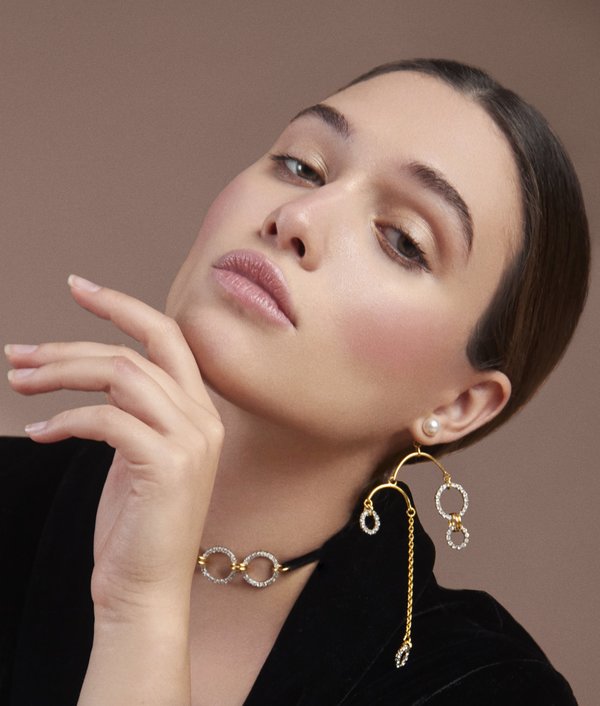 Joomi Lim Asymmetrical Crystal Hoop & Pearl Chandelier & Chain Earrings Joomi Lim Asymmetrical Crystal Hoop & Pearl Chandelier & Chain Earrings