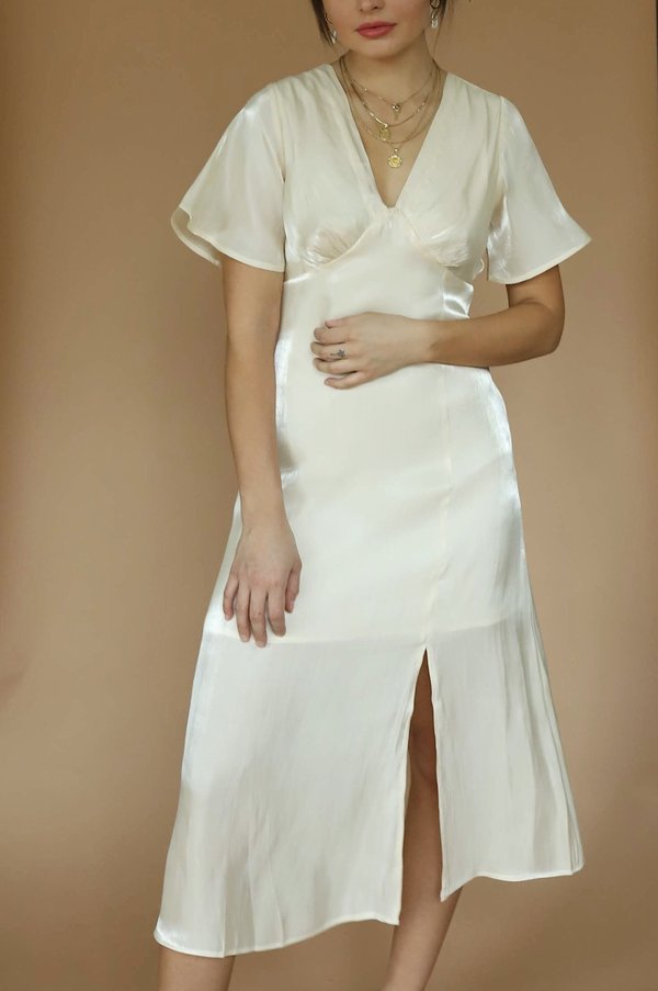 Dear Society Flutter Sleeve Slit Dress - Champagne Dear Society Flutter Sleeve Slit Dress - Champagne