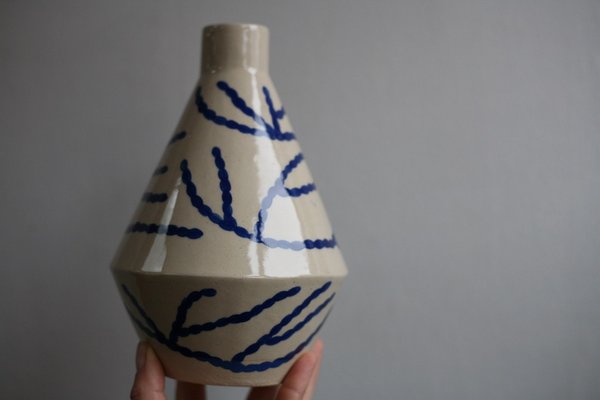 Sophie Alda Stoneware Diamond Bottle Vase - Cream/Blue Sophie Alda Stoneware Diamond Bottle Vase - Cream/Blue