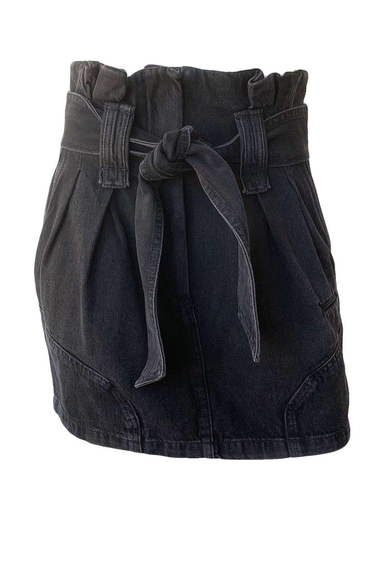 【Anyone more】Iro Denim Blouse Skirt Two Piece Lou Denim Open Back Top with Bow Detail and Mini Skirt Set