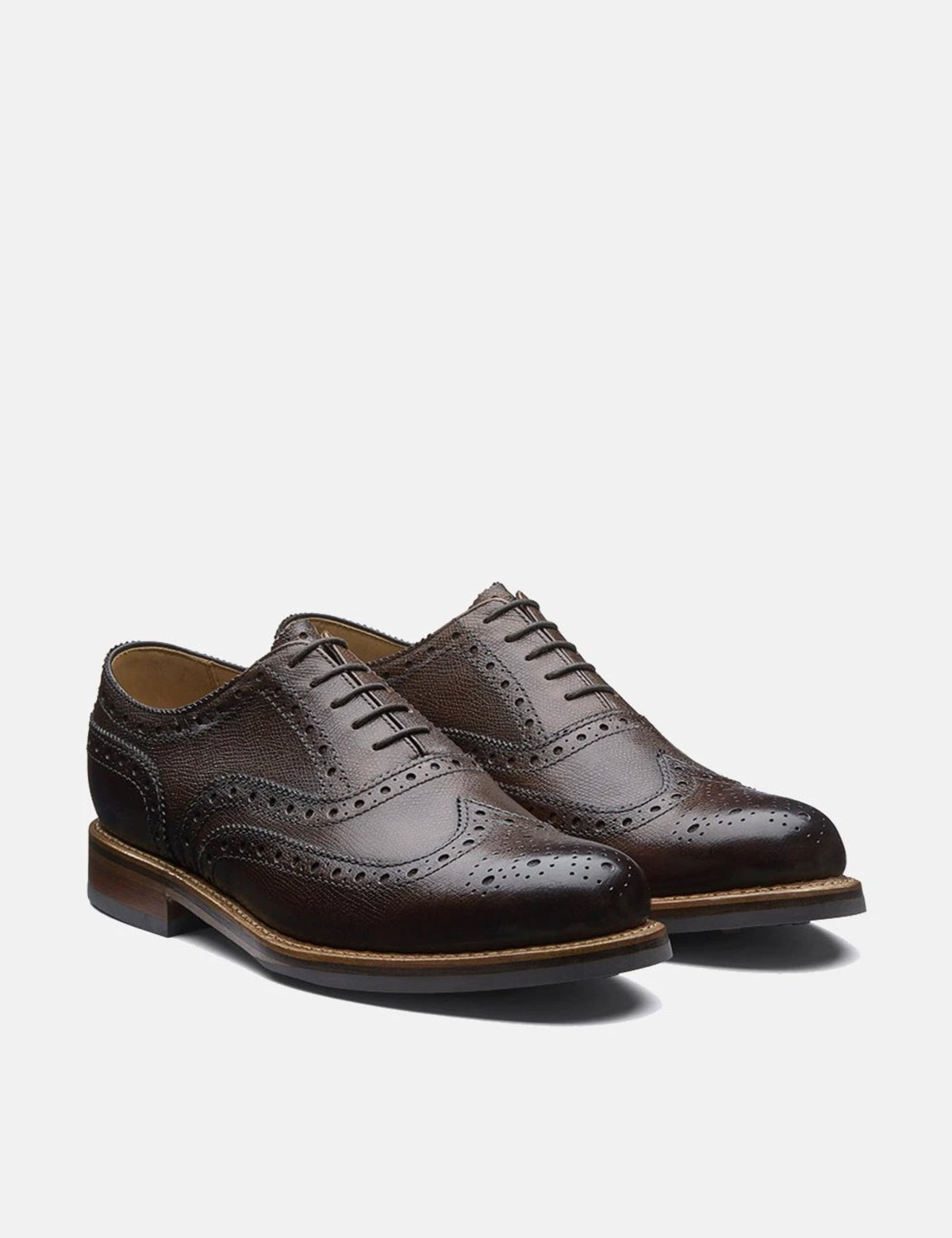 Grenson Stanley Grain Leather Brogue Shoes - Dark Brown 