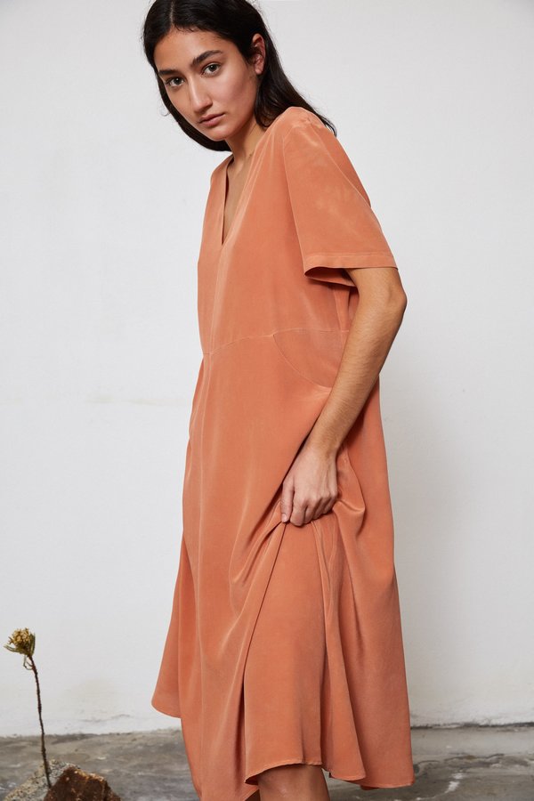 HAND DYED SILK FLARED DRESS - LOQUAT HAND DYED SILK FLARED DRESS - LOQUAT