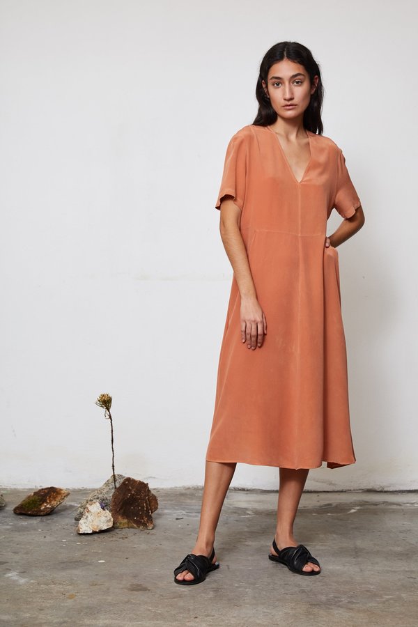 HAND DYED SILK FLARED DRESS - LOQUAT HAND DYED SILK FLARED DRESS - LOQUAT