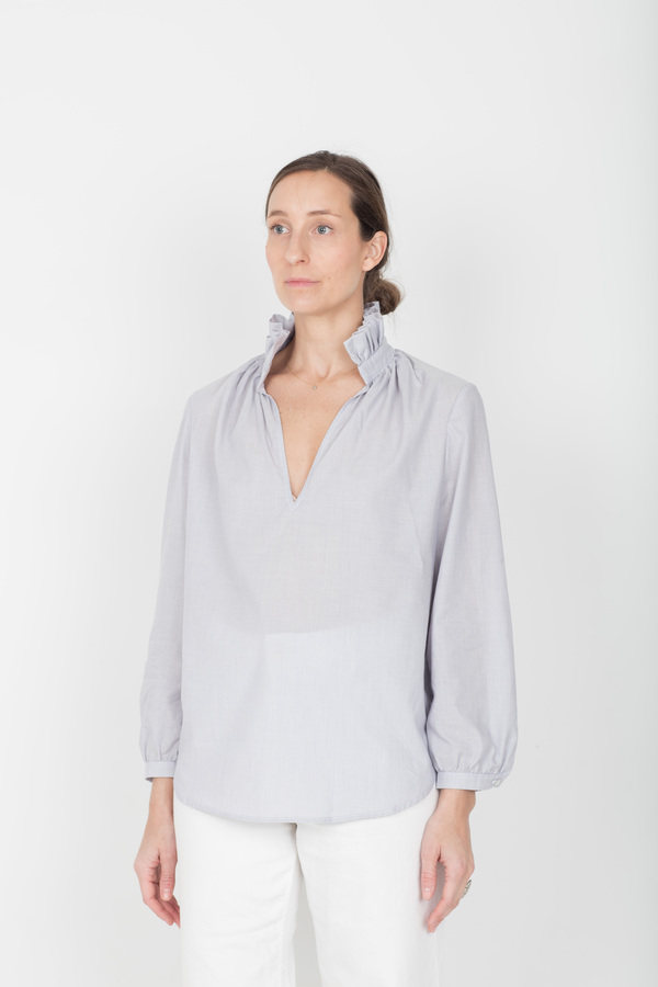 Pley Faye Ruffle Collar Shirt - Blue/White Micro Stripe Pley Faye Ruffle Collar Shirt - Blue/White Micro Stripe
