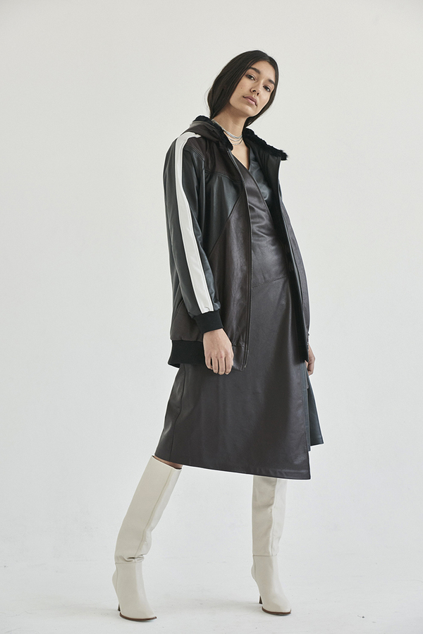 Alyson Eastman Leather Button Up Zip Up Hoodie - Black Maroon