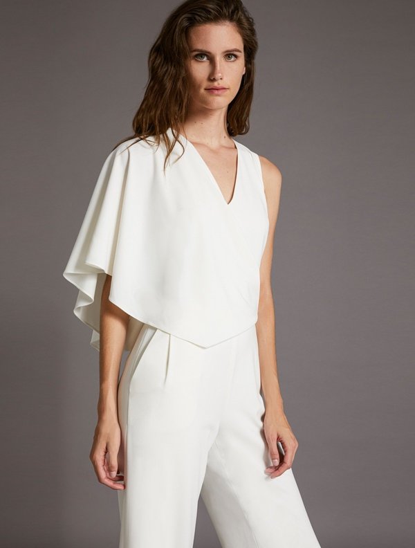 Halston Heritage Asymmetric Cape Jumpsuit - Chalk Halston Heritage Asymmetric Cape Jumpsuit - Chalk