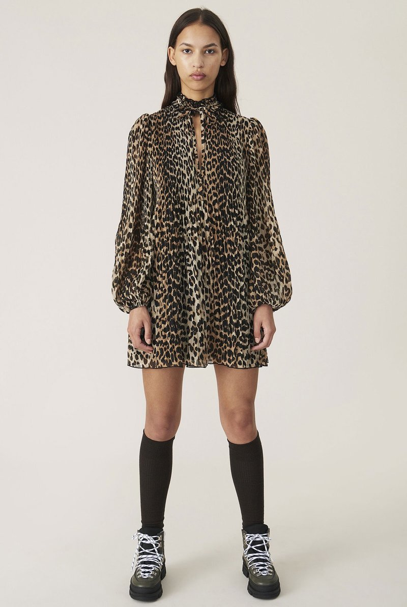 スカート GANNI Leopard mini dress Multicolor Leopard Leopard Printed Cotton Tie String Mini Dress | GANNI US
