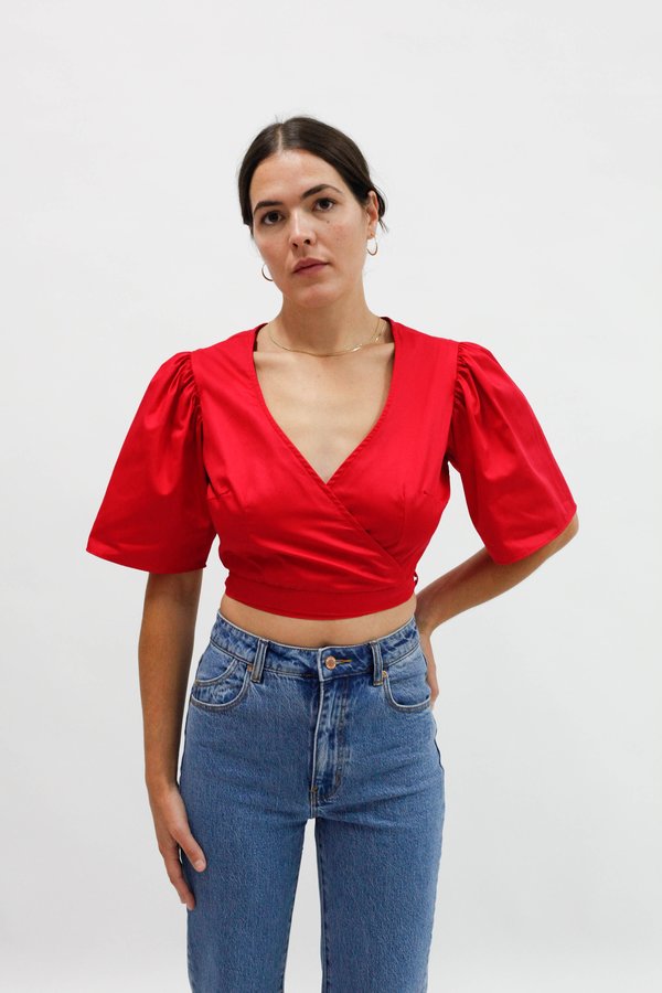 Lisa Says Gah Cotton Satin Maria Wrap Top - Crimson