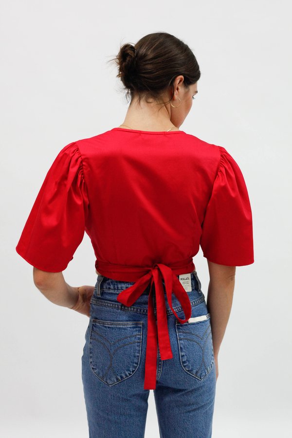 Lisa Says Gah Cotton Satin Maria Wrap Top - Crimson