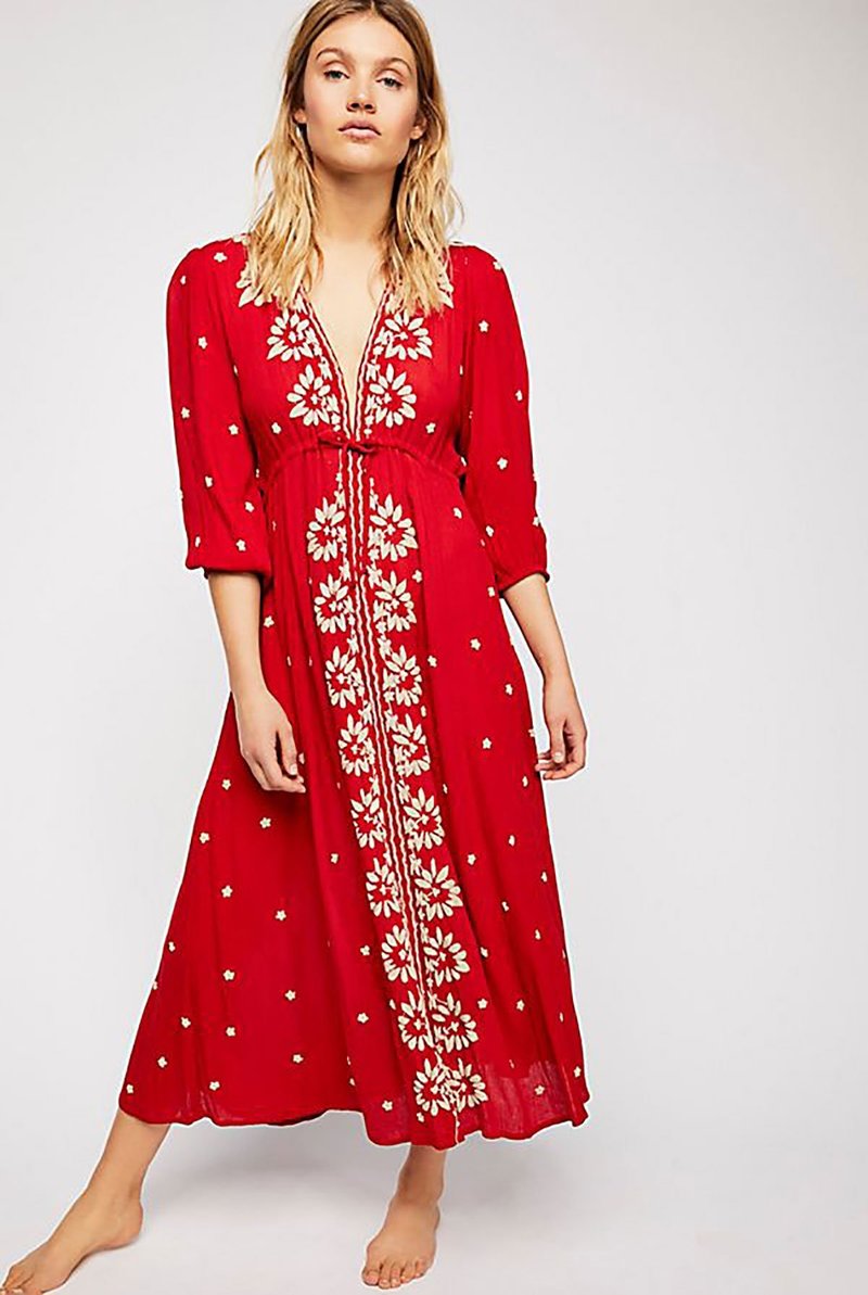 Free People Embroidered V Neck Maxi Dress - Red | Garmentory