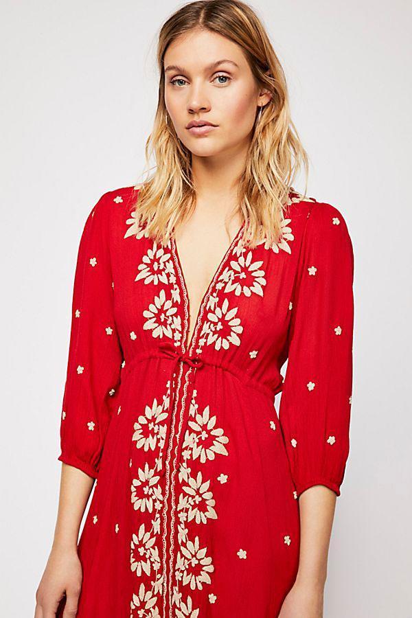 Free People Embroidered V Neck Maxi Dress - Red | Garmentory