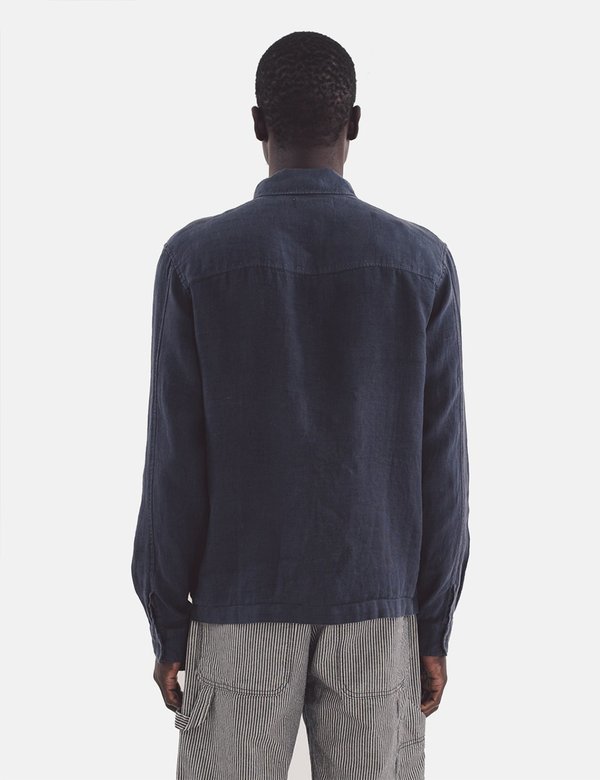 YMC Bowie Linen Zip Shirt - Navy Blue | Garmentory