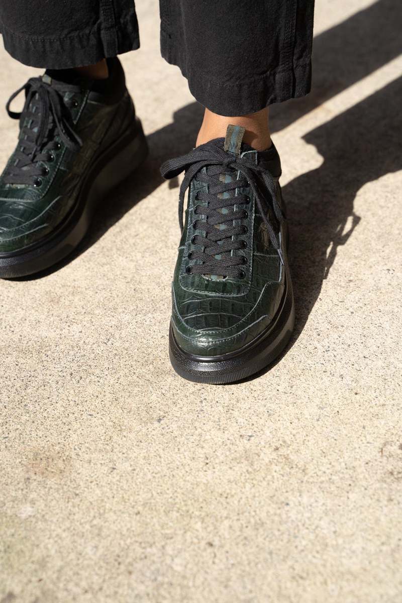 Suzanne Rae Lace Up Sneakers - Green Embossed Croc | Garmentory