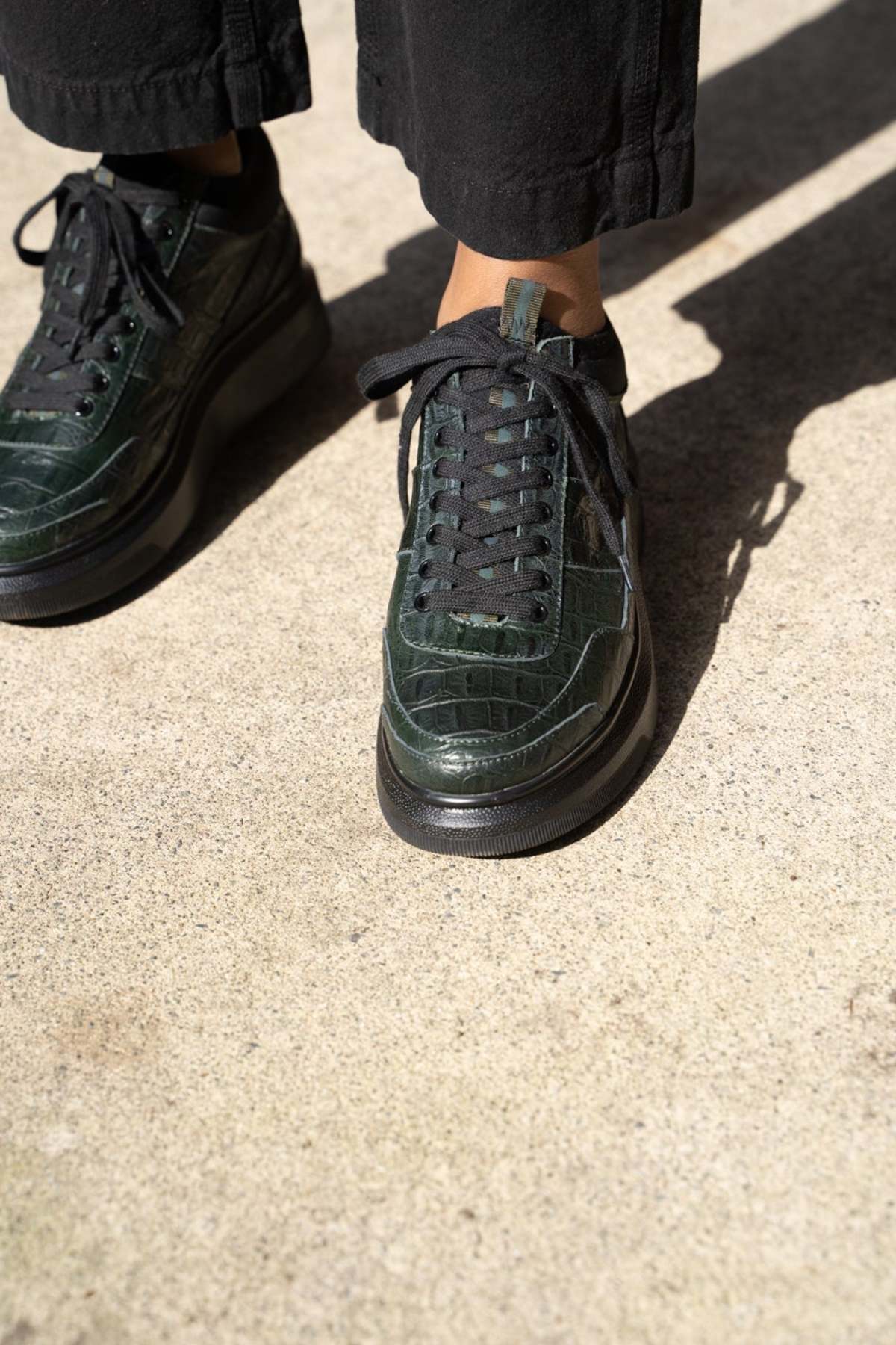 Suzanne Rae Lace Up Sneakers - Green Embossed Croc | Garmentory