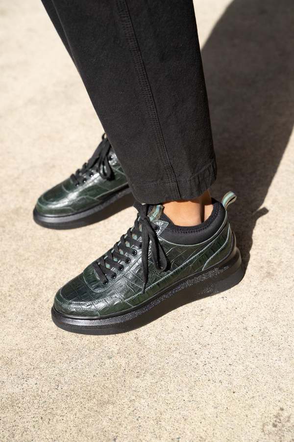 Suzanne Rae Lace Up Sneakers - Green Embossed Croc | Garmentory