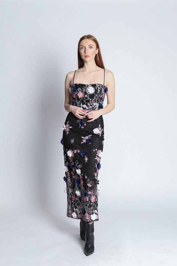 slim fit dress slacks DARACIA Lace Floral Print Mesh Cami Dress – Courecrop main image 1