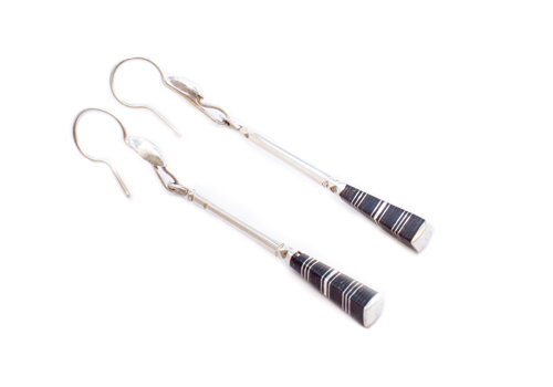 TUAREG SQUARED NOTCHED EBONWOOD LONG SILVER DRIP EARRING TUAREG SQUARED NOTCHED EBONWOOD LONG SILVER DRIP EARRING