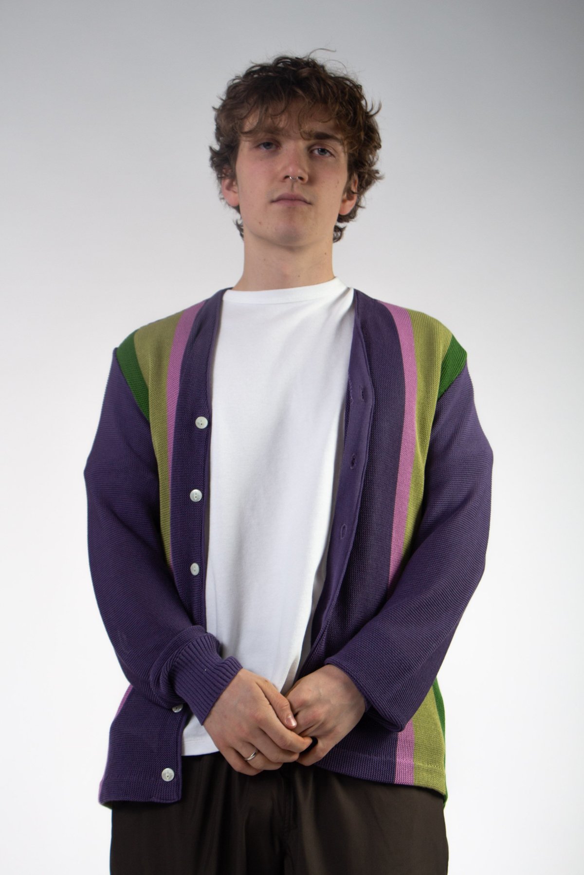 Needles V Neck Purl Stitch Cardigan - Lavender Stripe | Garmentory