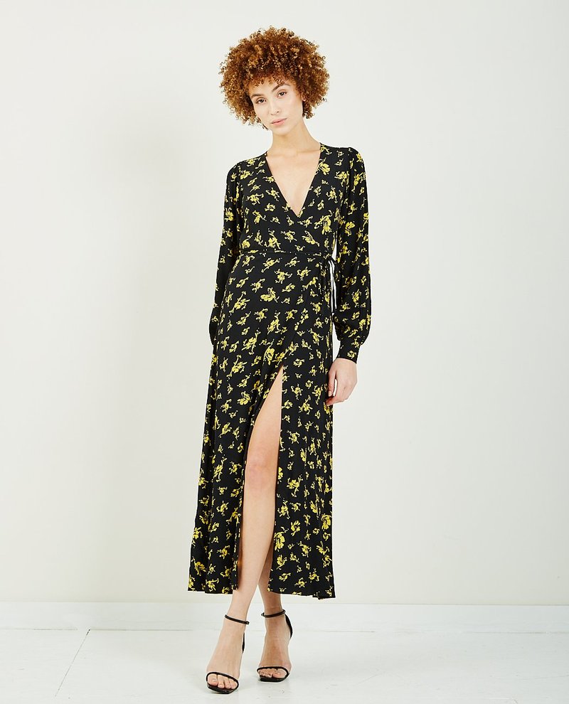 即発★GANNI★ PRINTED CREPE WRAP DRESS F6921 Ganni Printed Crepe Wrap Dress - Black/Yellow | Garmentory
