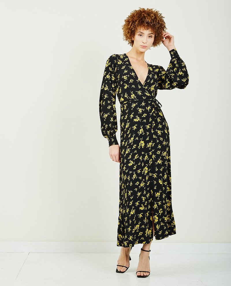 Ganni Printed Crepe Wrap Dress - Black/Yellow | Garmentory