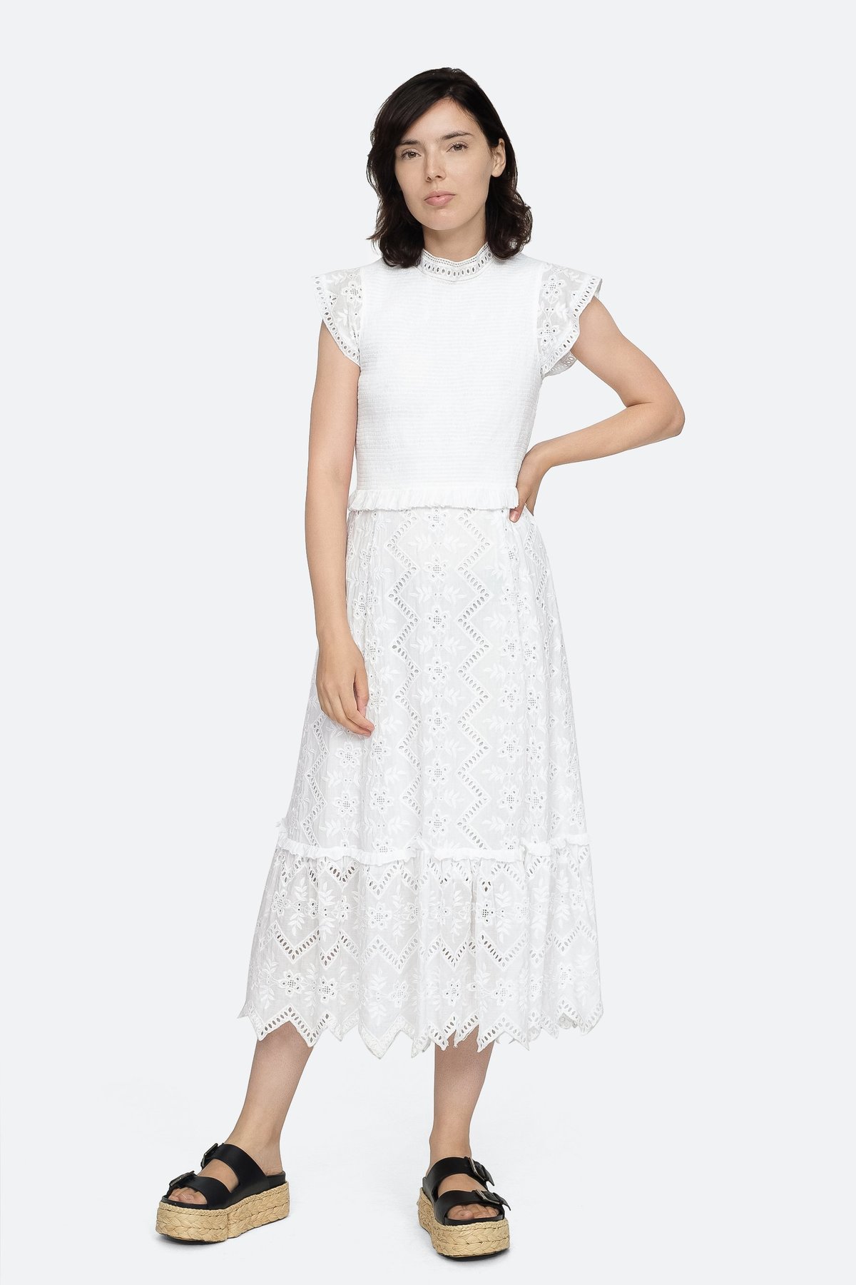 knee length dresses for ladies Baltic Born Womens Marta Smocked Midi Dress | White + Blue