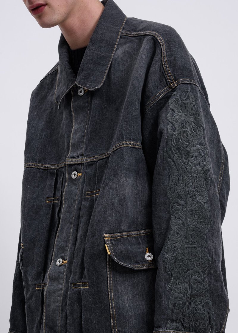 Doublet Chaos Embroidery Hemp Denim Jacket - Black | Garmentory