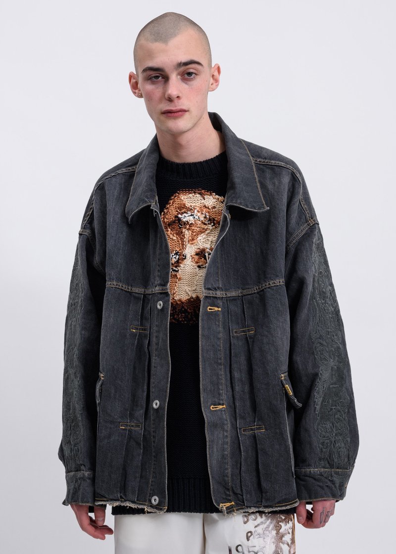 Doublet Chaos Embroidery Hemp Denim Jacket - Black | Garmentory
