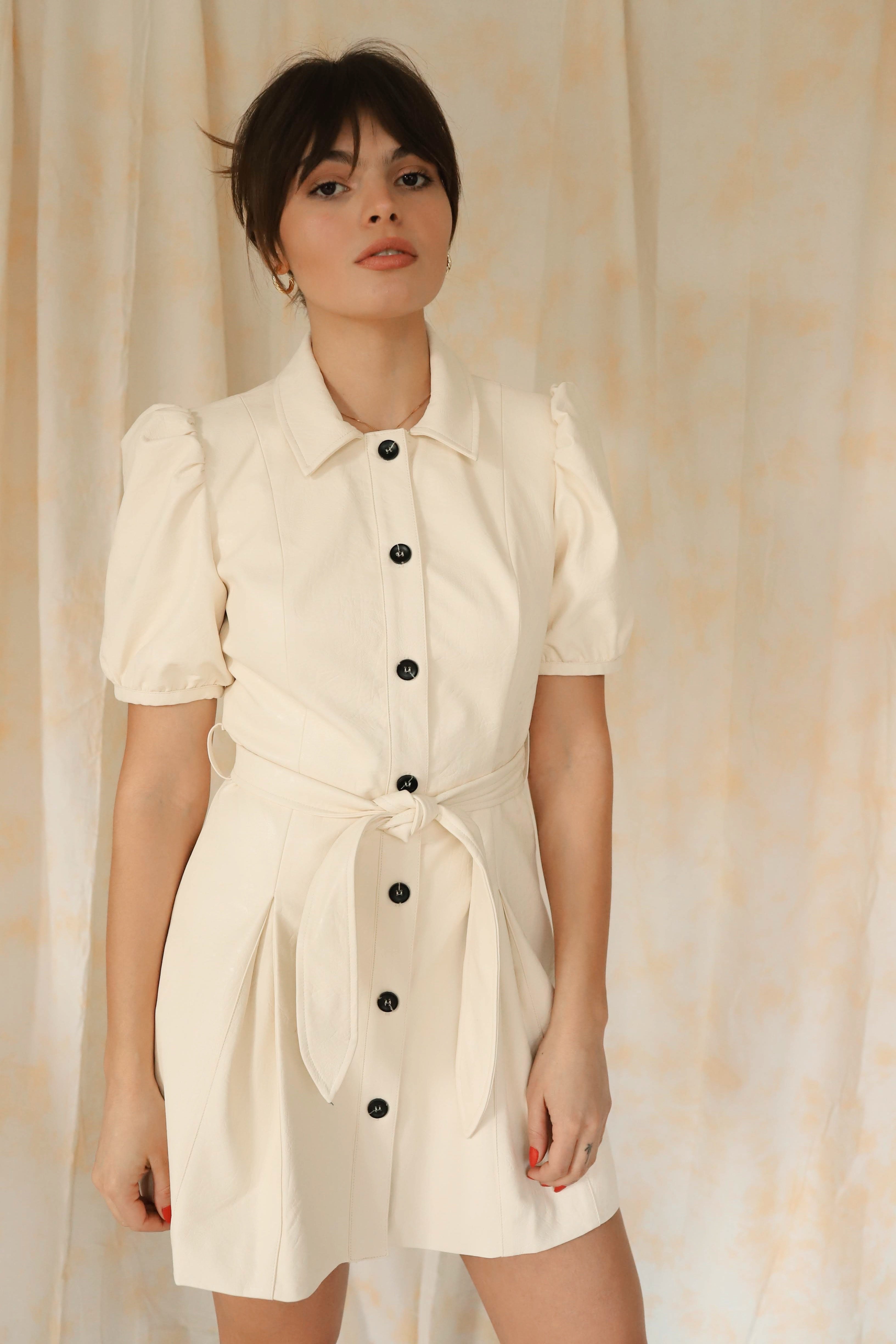 Moon River Balloon Sleeve Faux Leather Mini Dress - Cream | Garmentory Moon River Balloon Sleeve Faux Leather Mini Dress - Cream | Garmentory