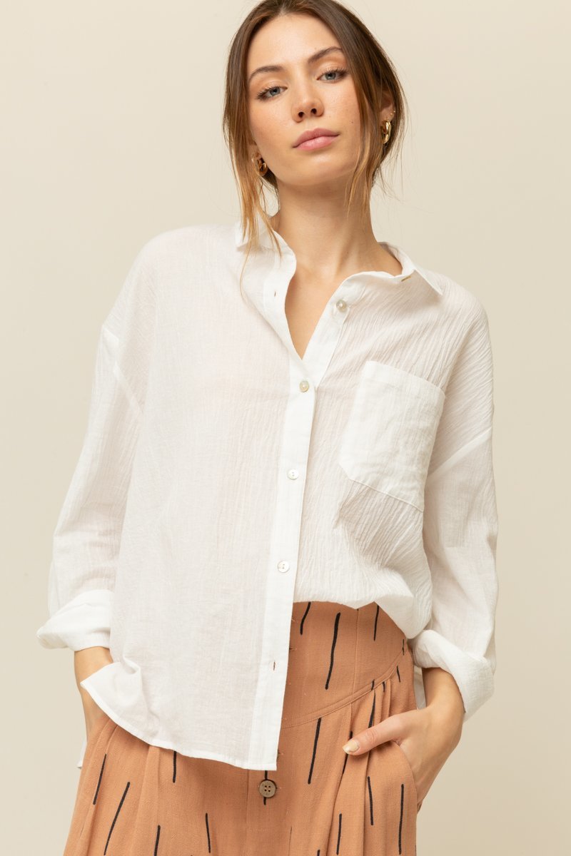 Grade & Gather Cotton Gauze Button Front Shirt - White