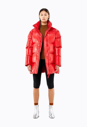 glossy red puffer jacket