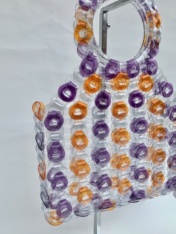 EE HANCRAFTED Large Square Vinyl Handbag - Purple/Orange Stripe EE HANCRAFTED Large Square Vinyl Handbag - Purple/Orange Stripe