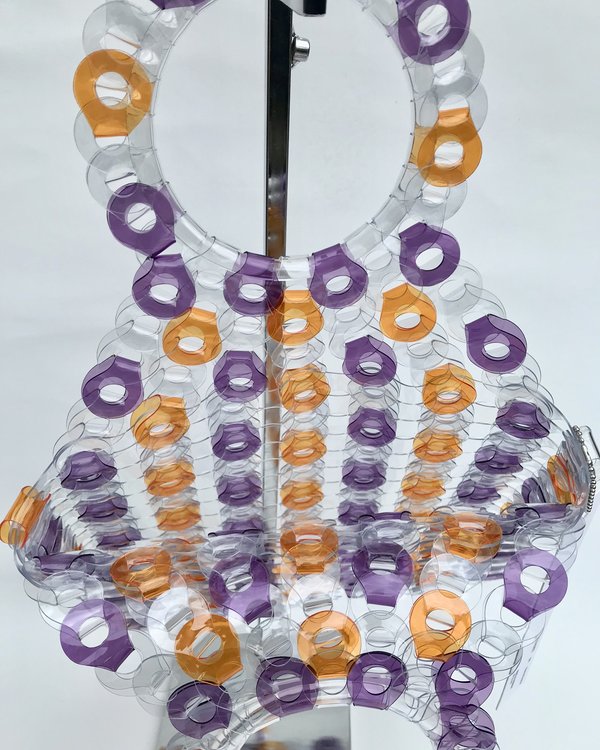 EE HANCRAFTED Large Square Vinyl Handbag - Purple/Orange Stripe EE HANCRAFTED Large Square Vinyl Handbag - Purple/Orange Stripe