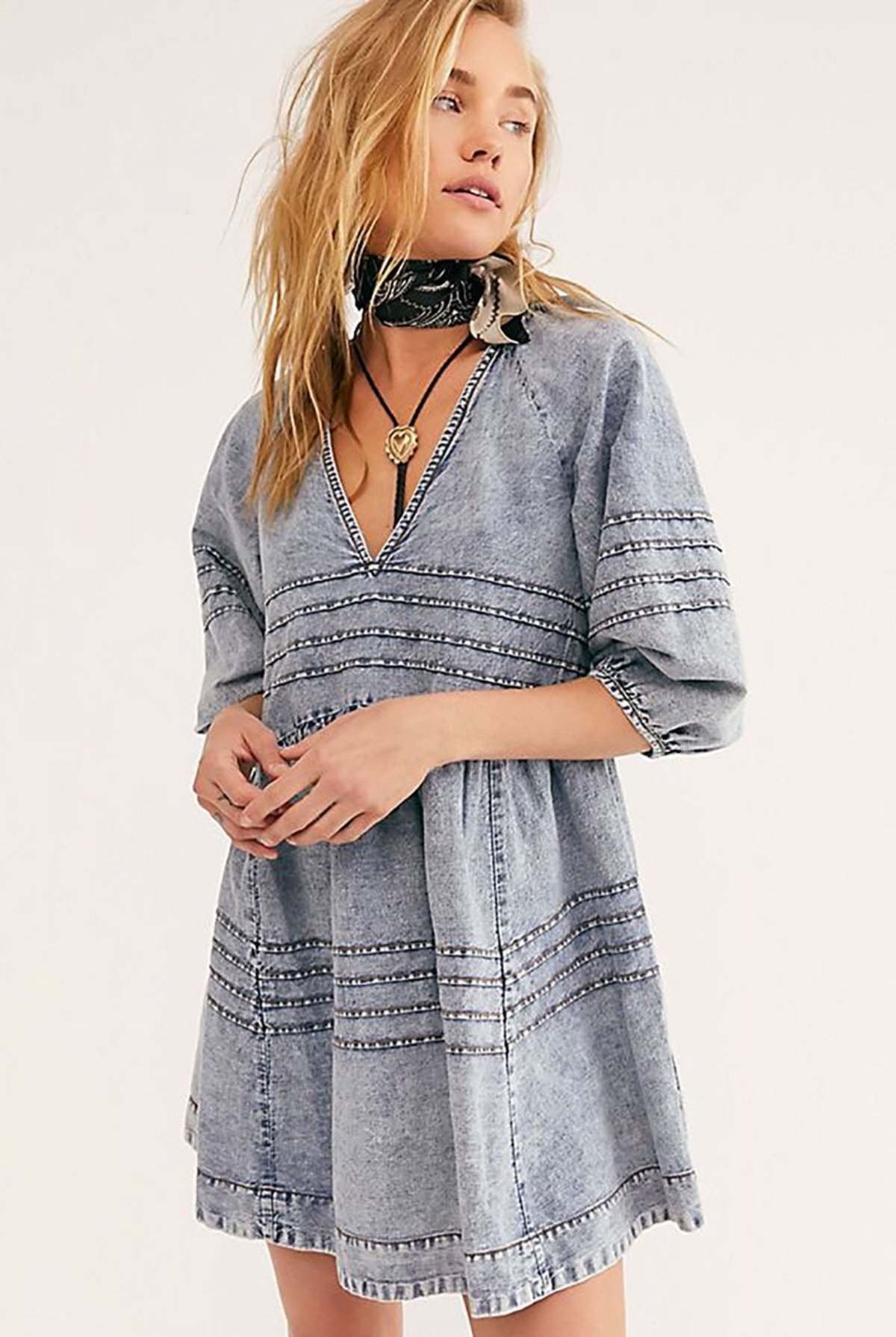 Free People Sweet Surrender Denim Mini Dress - Acid Light Blue
