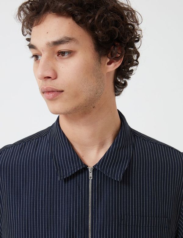 YMC Mini Stripe Bowie Zip Shirt - Navy Blue | Garmentory