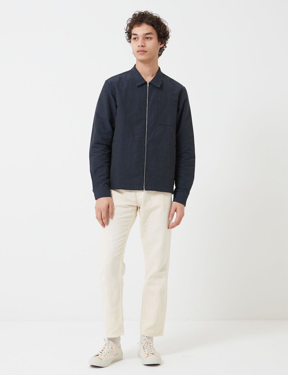 YMC Mini Stripe Bowie Zip Shirt - Navy Blue | Garmentory