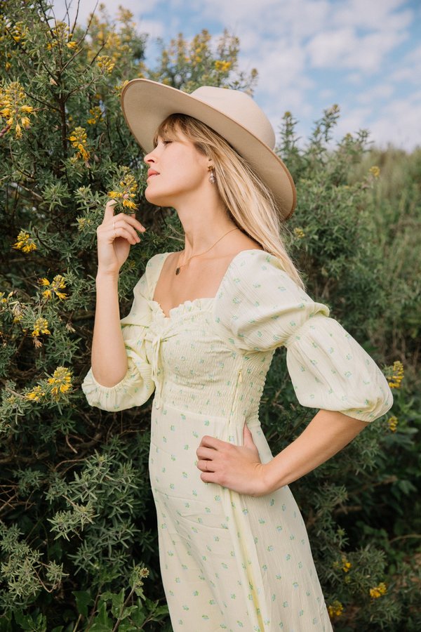 yellow print midi dress See The Light Yellow Eyelet Midi Dress – Shop the Mint