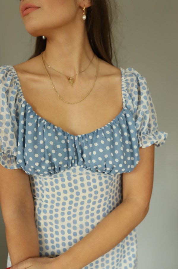 Moon River Polka Dot Puff Sleeve Mini Dress - blue