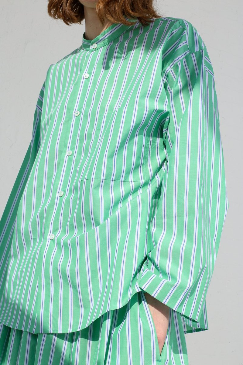 CristaSeya Striped Cotton Pyjama Shirt - Striped Green | Garmentory 