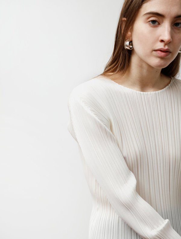 Pleats Please Round Neck Long Sleeve Top - Creme | Garmentory