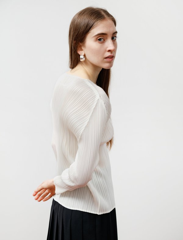 Pleats Please Round Neck Long Sleeve Top - Creme | Garmentory