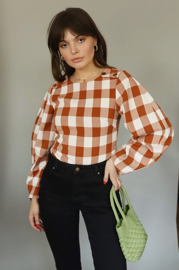 Style Mafia - Brown Gingham Balloon Sleeve Top Style Mafia - Brown Gingham Balloon Sleeve Top