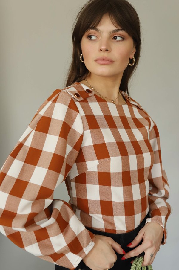 Style Mafia - Brown Gingham Balloon Sleeve Top Style Mafia - Brown Gingham Balloon Sleeve Top