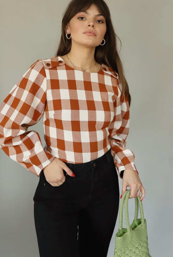 Style Mafia - Brown Gingham Balloon Sleeve Top Style Mafia - Brown Gingham Balloon Sleeve Top