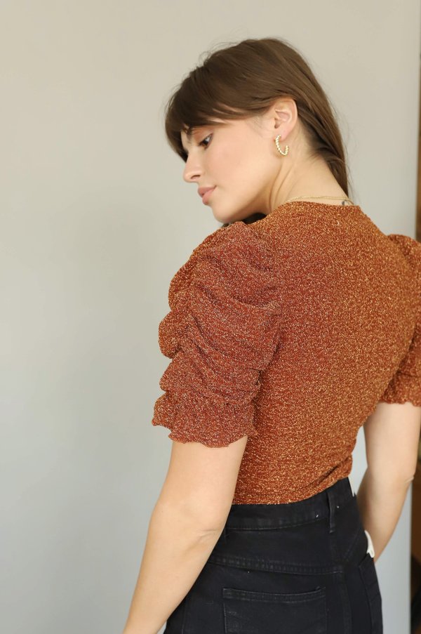Moon River Burgundy Metallic Ruched Sleeve Top Moon River Burgundy Metallic Ruched Sleeve Top